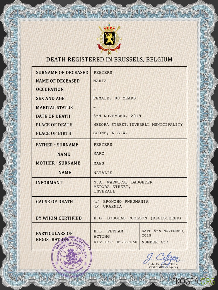 Modèle PSD de certificat de décès de l'état civil de la Belgique